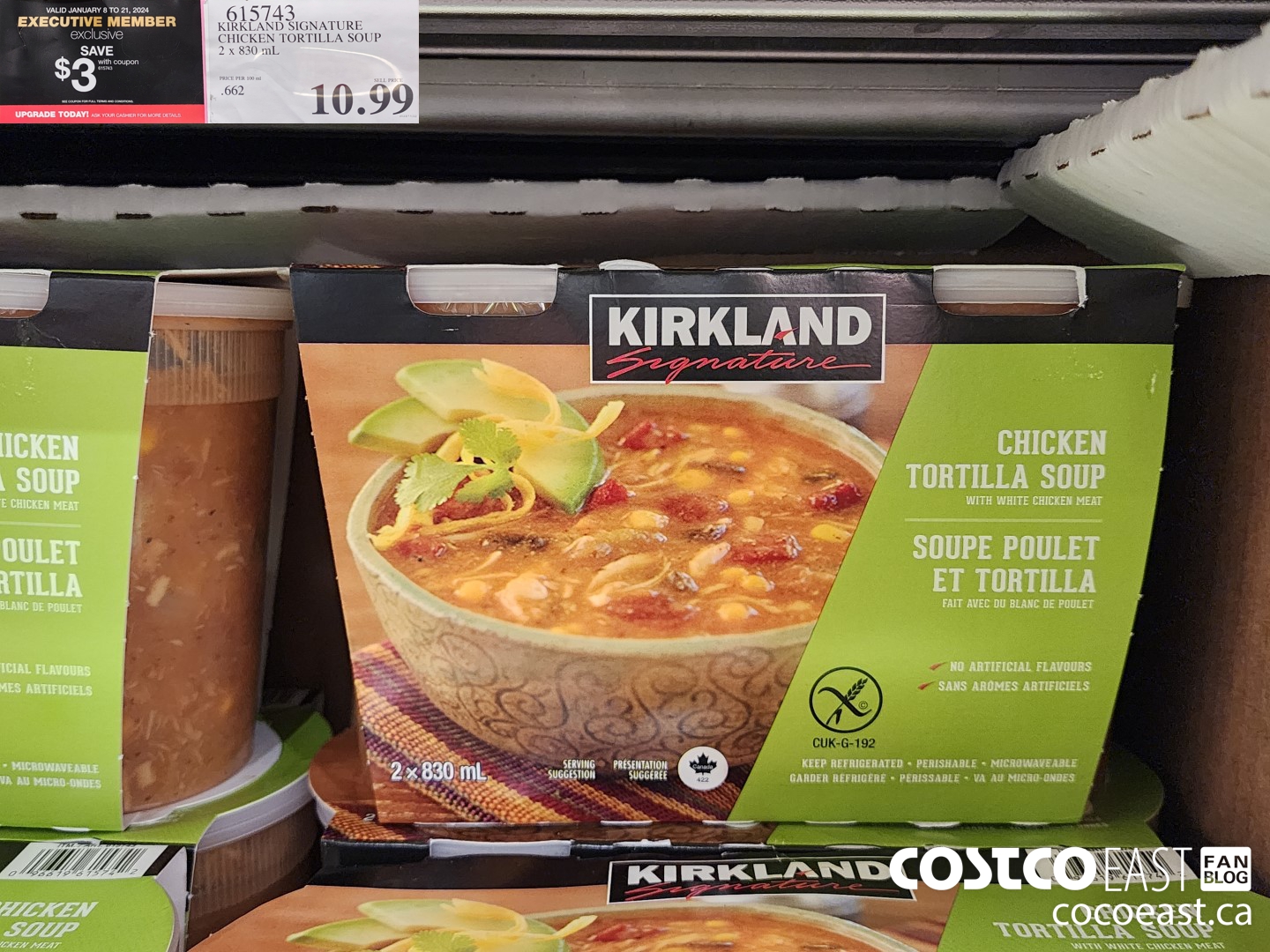 615743 KIRKLAND SIGNATURE CHICKEN TORTILLA SOUP 2 X 830 ML ($3.00 INSTANT SAVINGS EXPIRES ON 2024-01-21) $7.99
