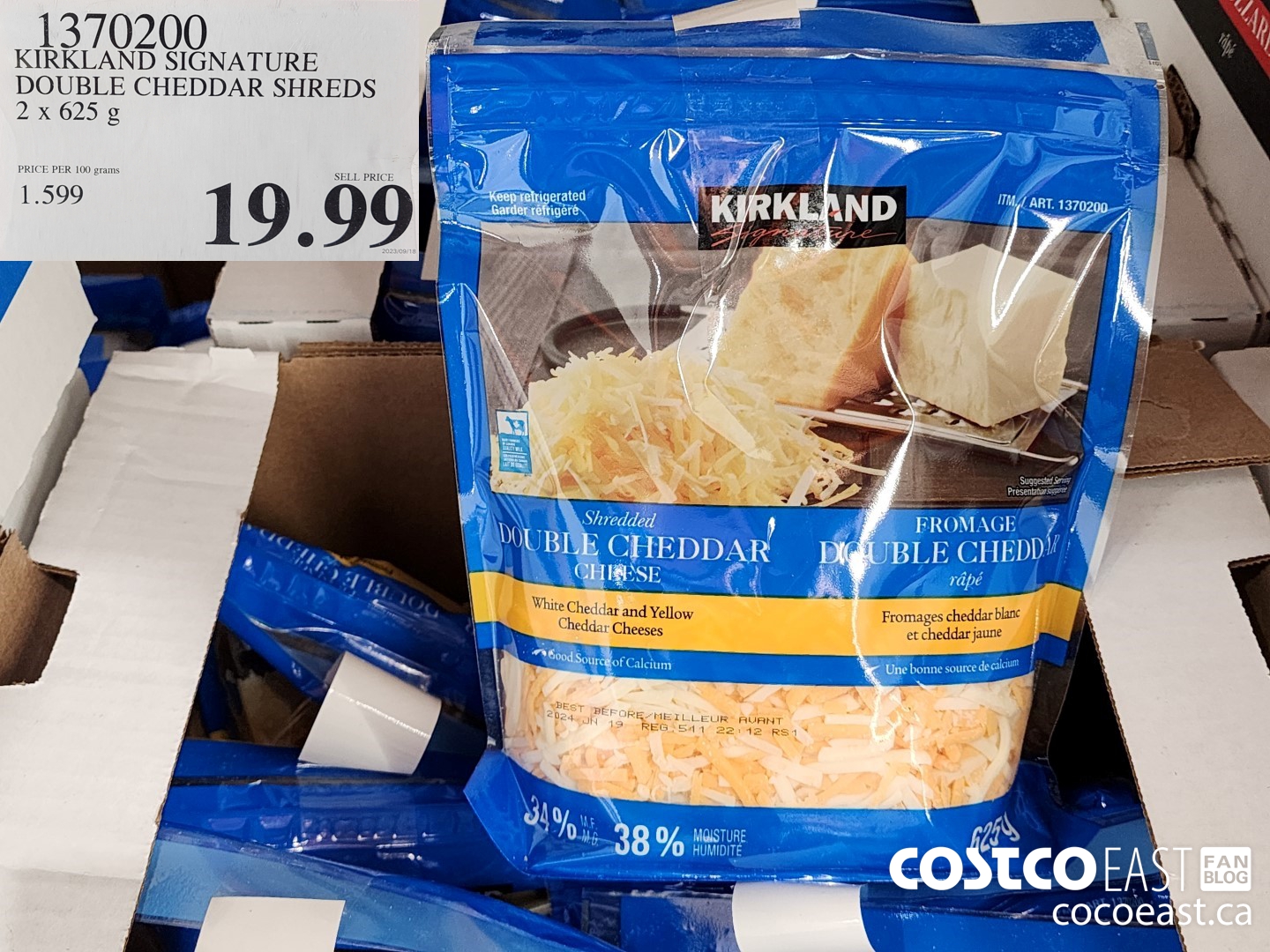 1370200 KIRKLAND SIGNATURE DOUBLE CHEDDAR SHREDS 2 X 625 G $19.99