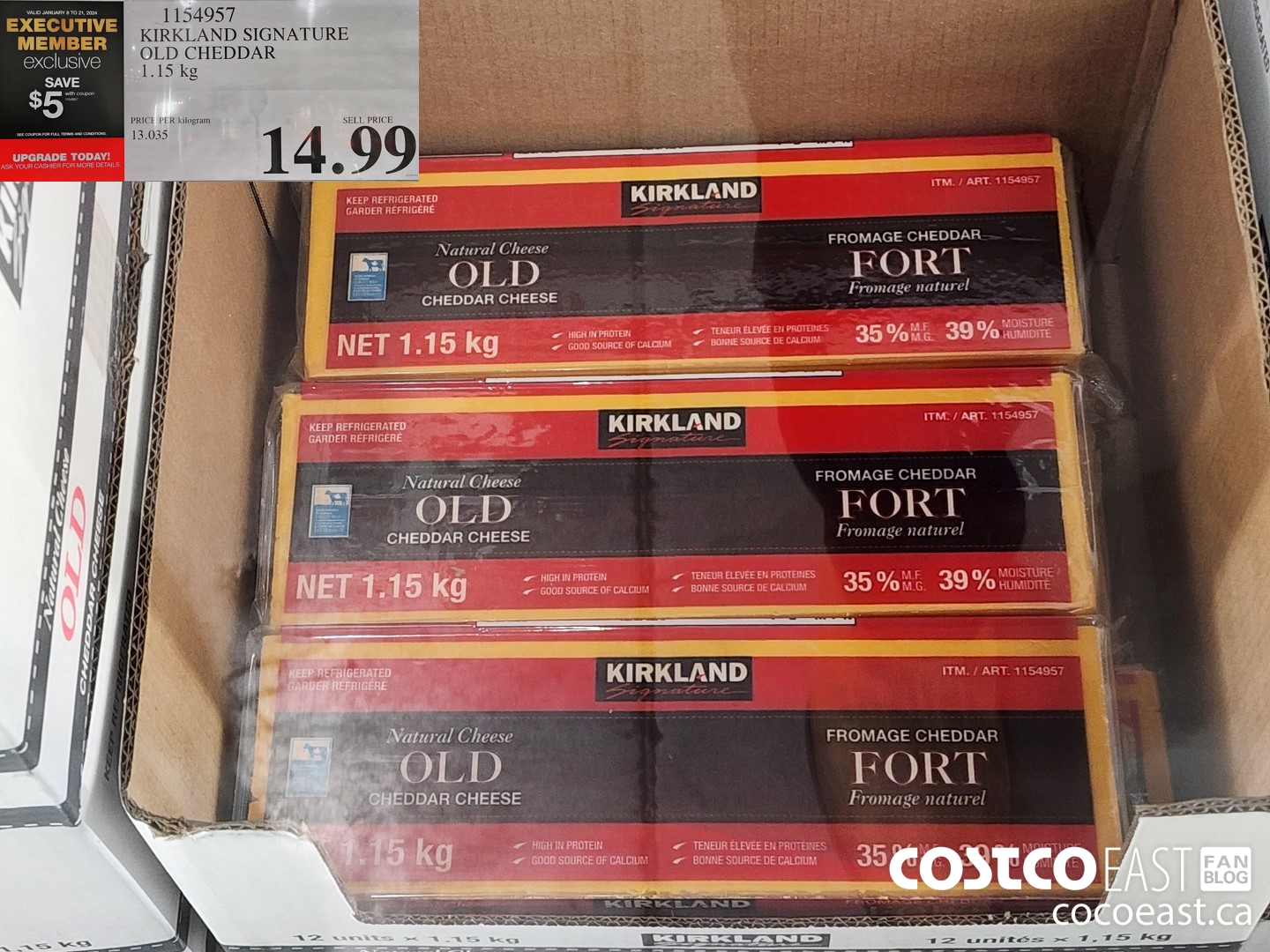 1154957 KIRKLAND SIGNATURE OLD CHEDDAR 1.15 KG ($5.00 INSTANT SAVINGS EXPIRES ON 2024-01-21) $9.99