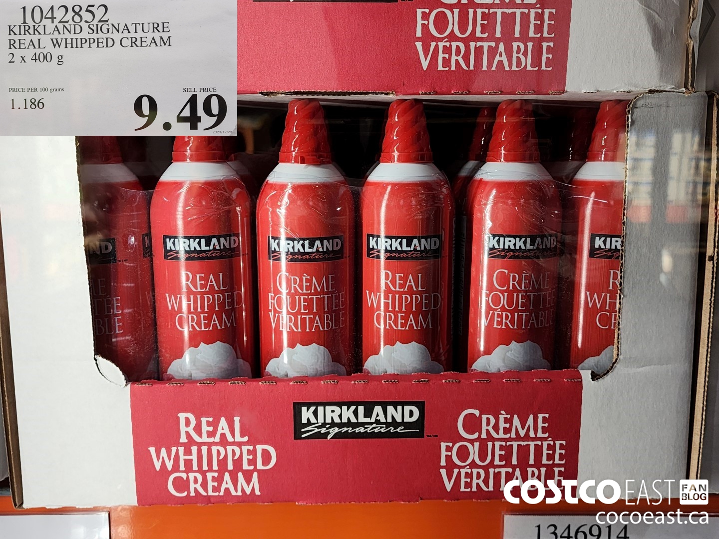 1042852 KIRKLAND SIGNATURE REAL WHIPPED CREAM 2 X 400 g $9.49