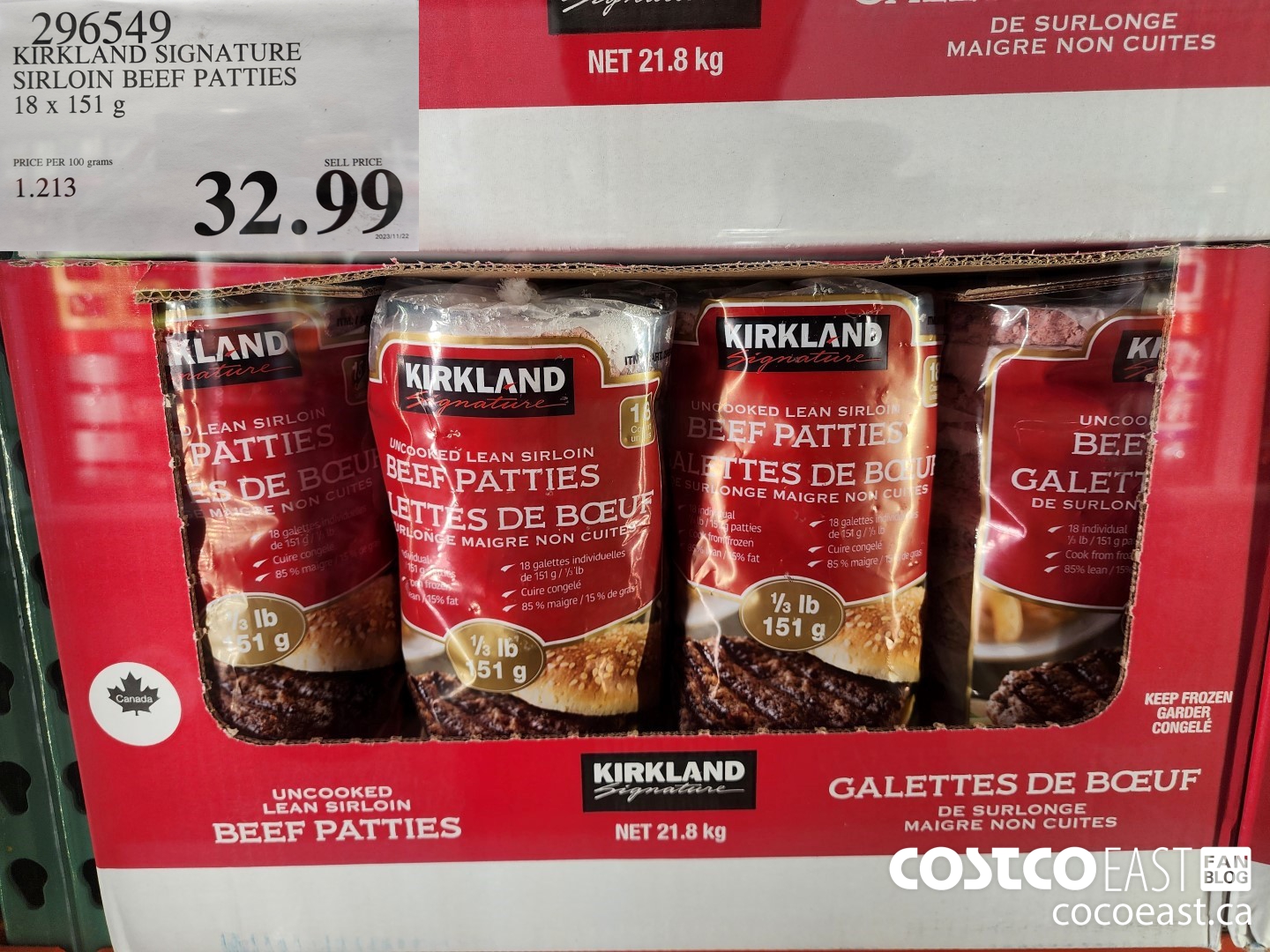 296549 KIRKLAND SIGNATURE SIRLOIN BEEF PATTIES 18x 151 G $32.99