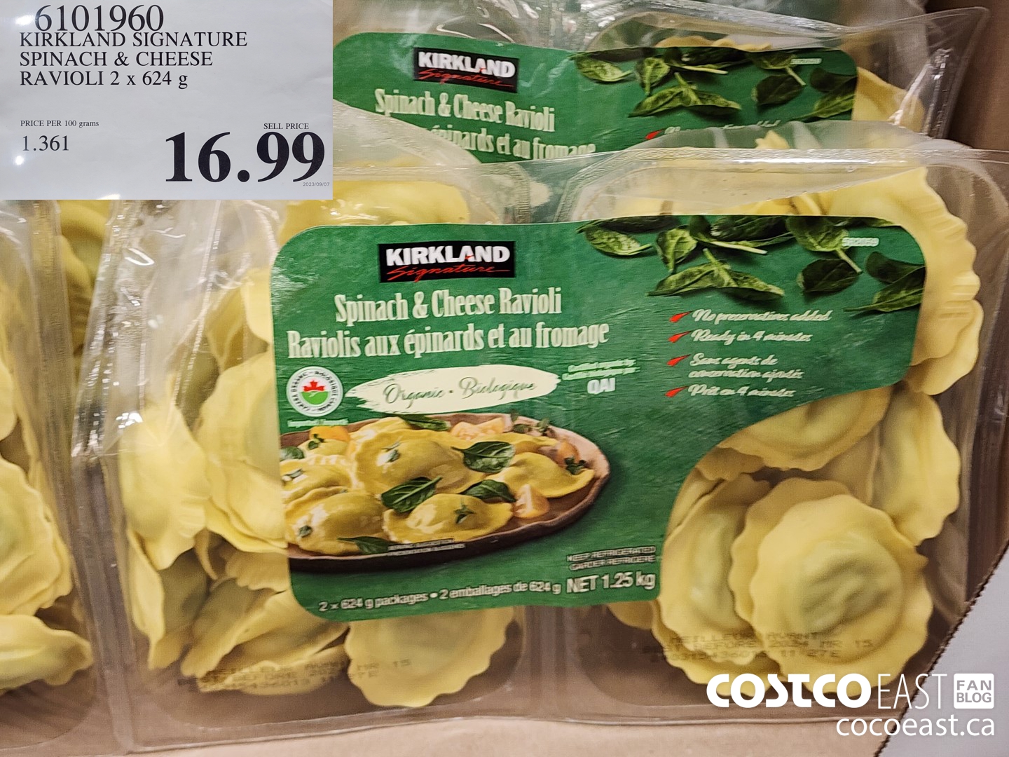6101960 KIRKLAND SIGNATURE SPINACH & CHEESE RAVIOLI 2 x 624 G $16.99