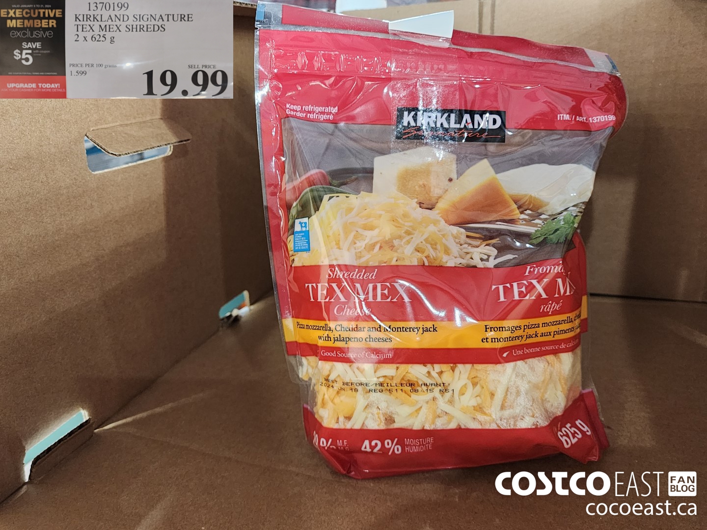 1370199 KIRKLAND SIGNATURE TEX MEX SHREDS 2 X 625G ($5.00 INSTANT SAVINGS EXPIRES ON 2024-01-21) $14.99