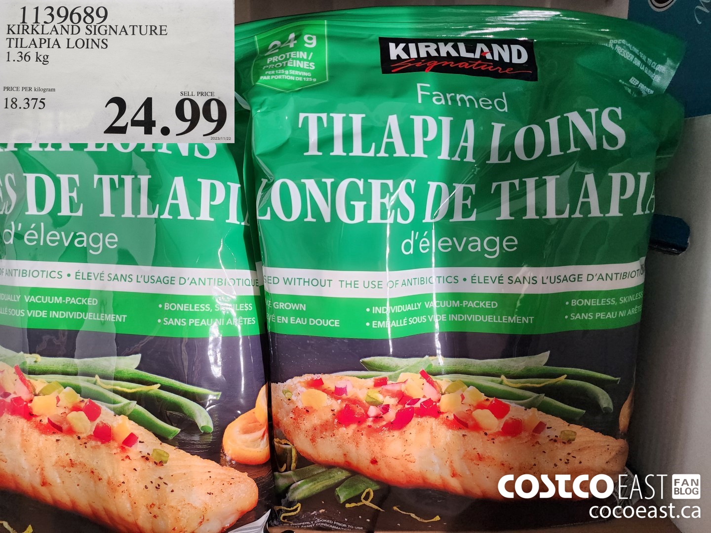 1139689 KIRKLAND SIGNATURE TILAPIA LOINS 1.36 KG $24.99