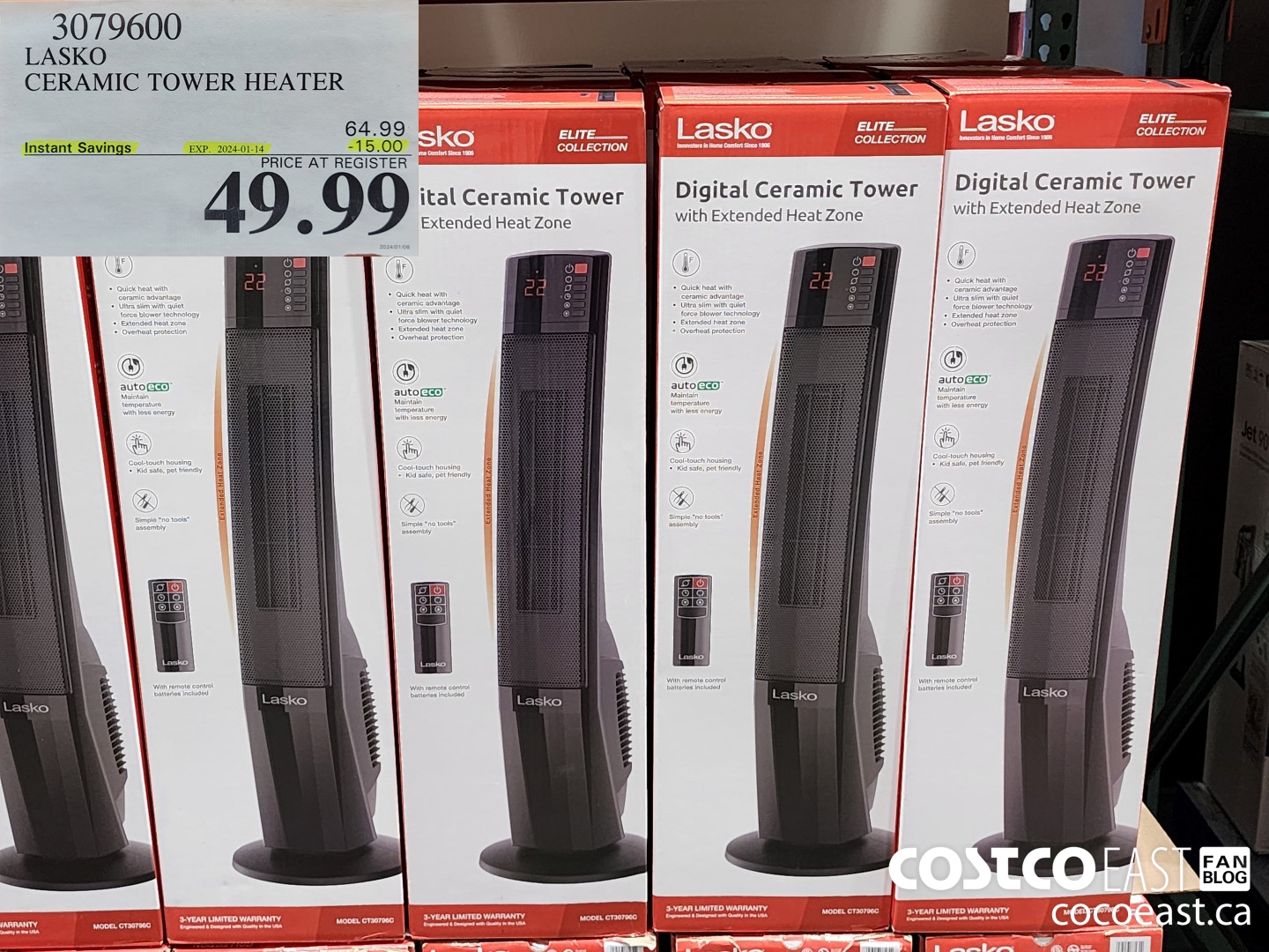 3079600 LASKO CERAMIC TOWER HEATER ($15.00 INSTANT SAVINGS EXPIRES ON 2024-01-14) $49.99