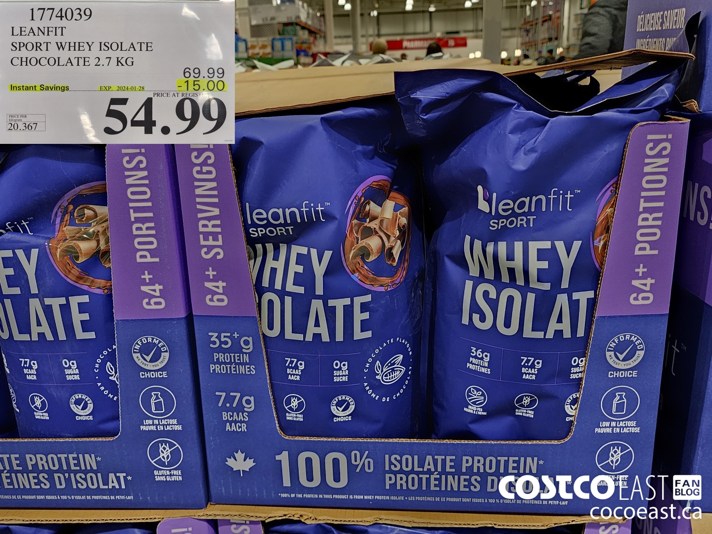 1774039 LEANFIT SPORT WHEY ISOLATE CHOCOLATE 2.7 KG ($15.00 INSTANT SAVINGS EXPIRES ON 2024-01-28) $54.99
