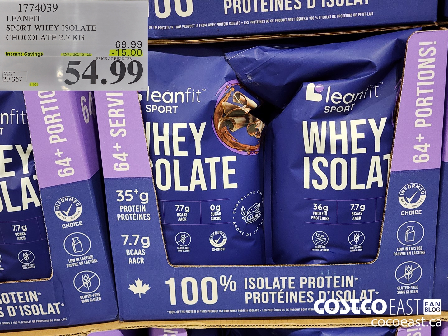 1774039 LEANFIT SPORT WHEY ISOLATE CHOCOLATE 2.7 KG ($15.00 INSTANT SAVINGS EXPIRES ON 2024-01-28) $54.99