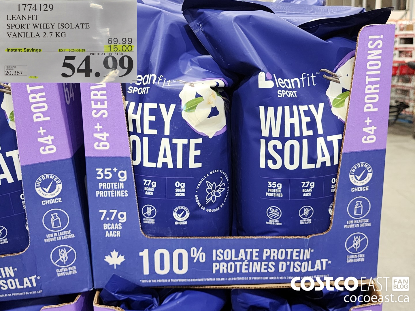 1774129 LEANFIT SPORT WHEY ISOLATE VANILLA 2.7 KG ($15.00 INSTANT SAVINGS EXPIRES ON 2024-01-28) $54.99