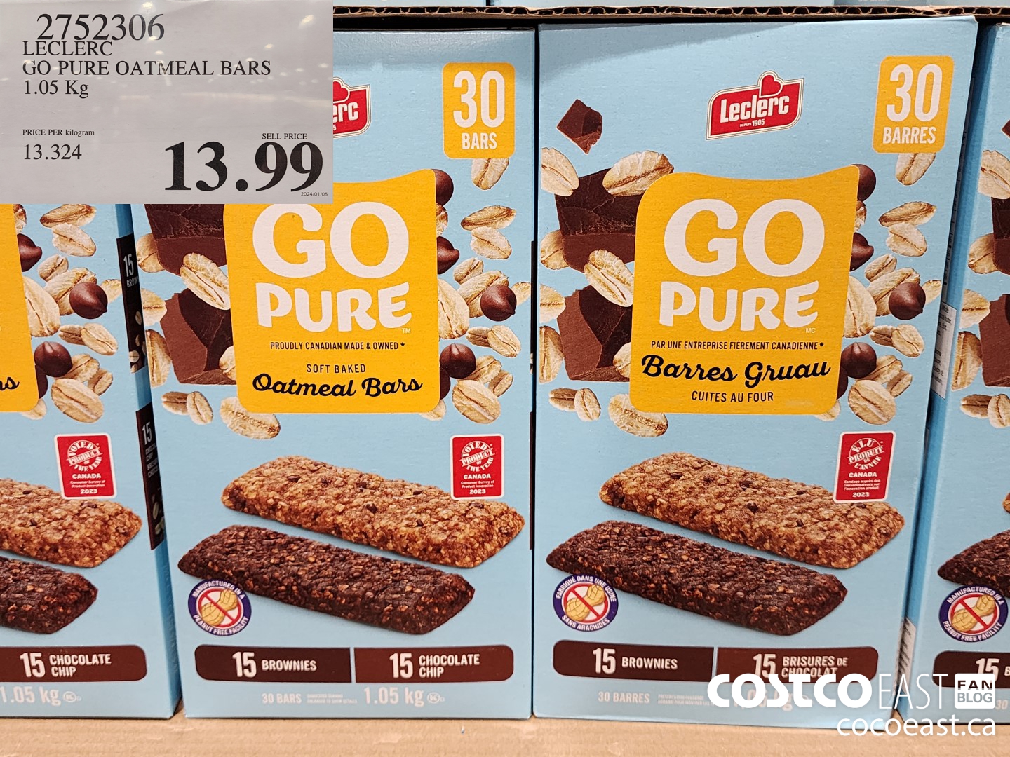2752306 LECLERC GO PURE OATMEAL BARS 1.05 Kg $13.99