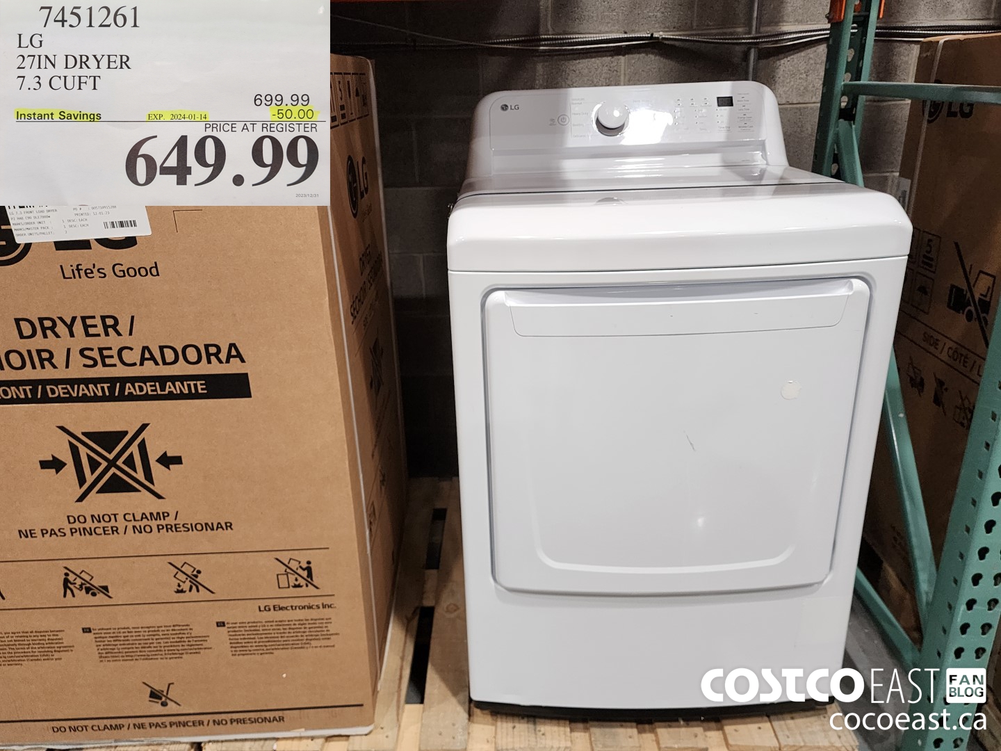 7451261 LG 27IN DRYER 7.3 CU.FT ($50.00 INSTANT SAVINGS EXPIRES ON 2024-01-14) $649.99