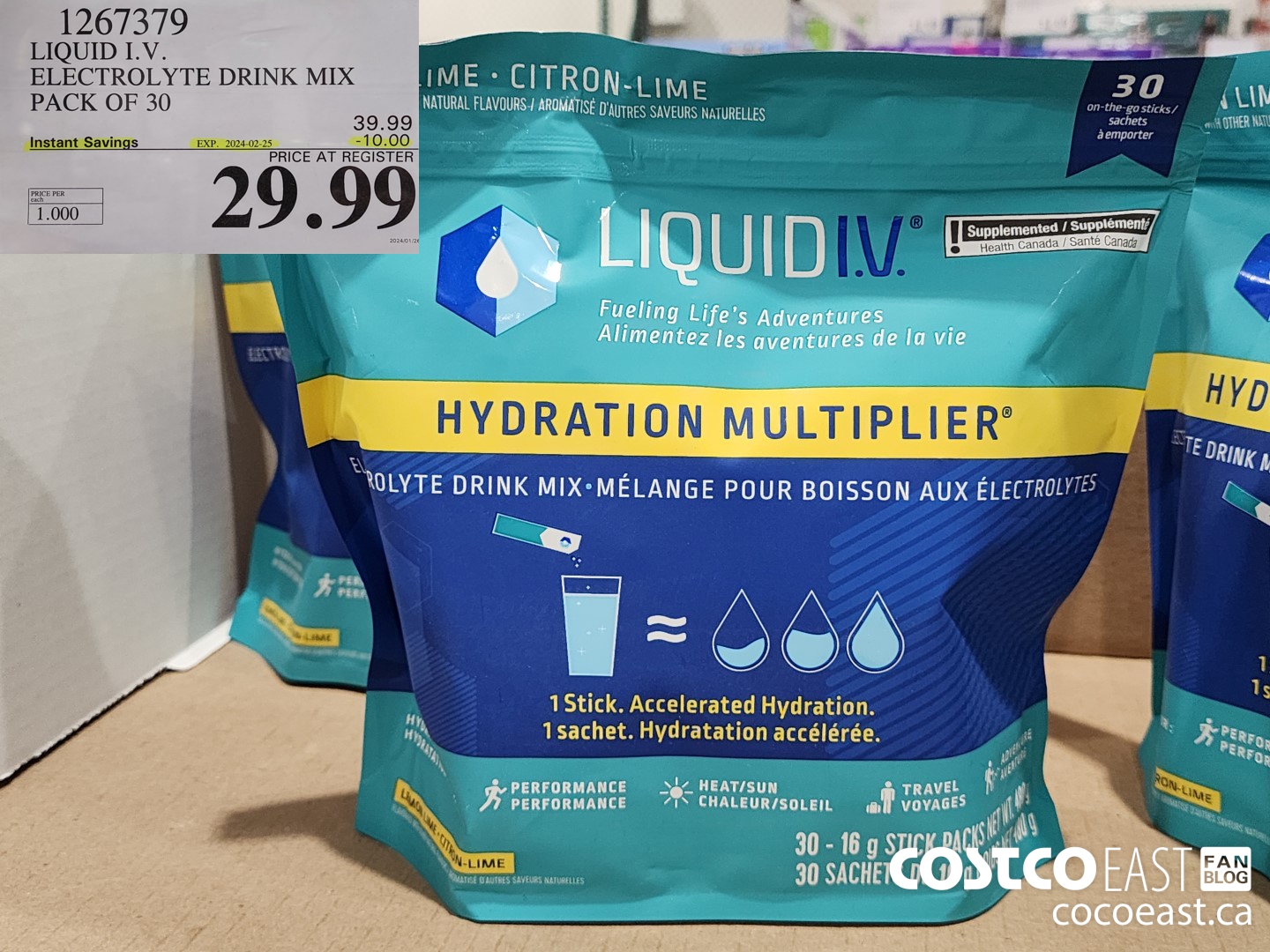 1267379 LIQUID I.V. ELECTROLYTE DRINK MIX PACK OF 30 ($10.00 INSTANT SAVINGS EXPIRES ON 2024-02-25) $29.99