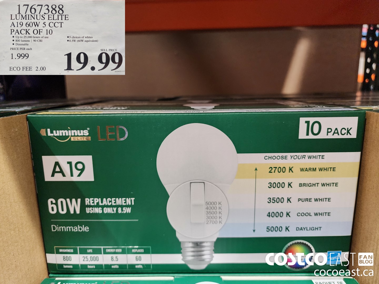 1767388 LUMINUS ELITE A19 60W 5 CCT PACK OF 10 $19.99