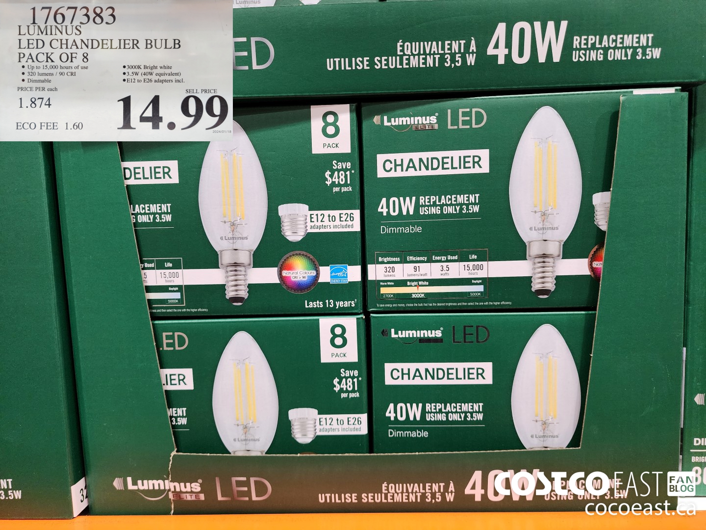 1767383 LUMINUS LED CHANDELIER BULB PACK OF 8 $14.99