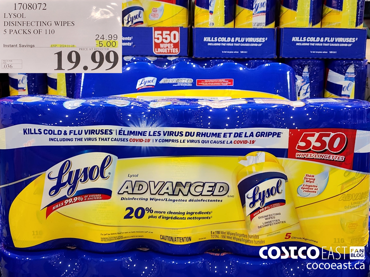 1708072 LYSOL DISINFECTING WIPES 5 PACKS OF 110 ($5.00 INSTANT SAVINGS EXPIRES ON 2024-01-28) $19.99