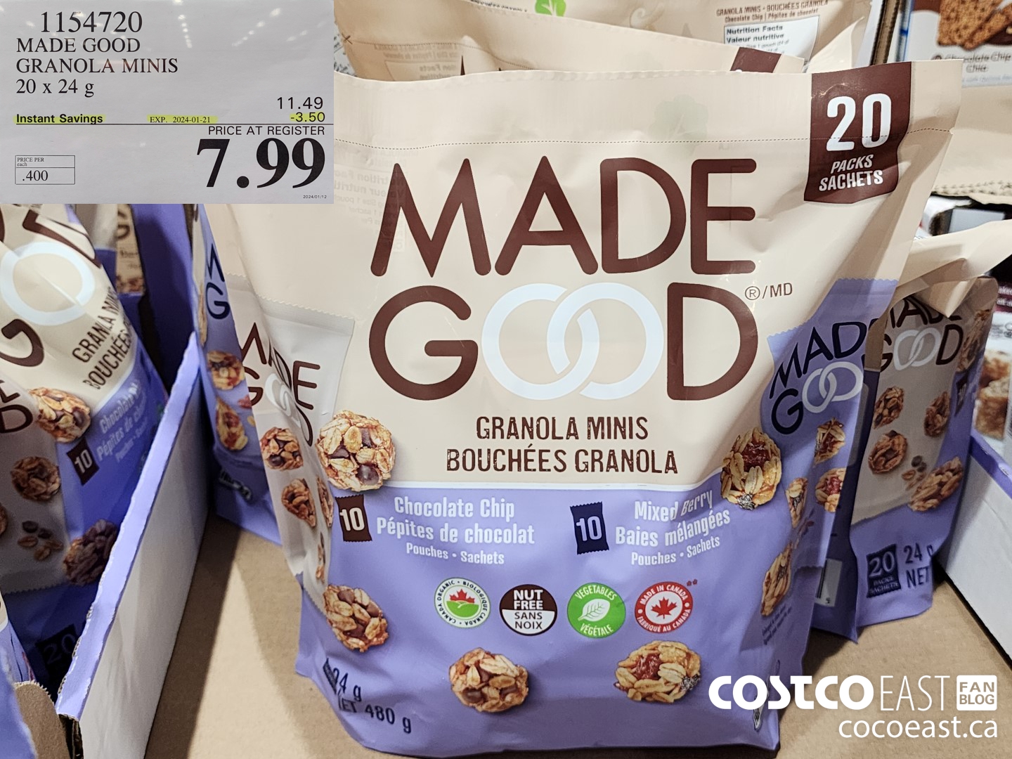 1154720 MADE GOOD GRANOLA MINIS 20 X 24 G ($3.50 INSTANT SAVINGS EXPIRES ON 2024-01-21) $8.99