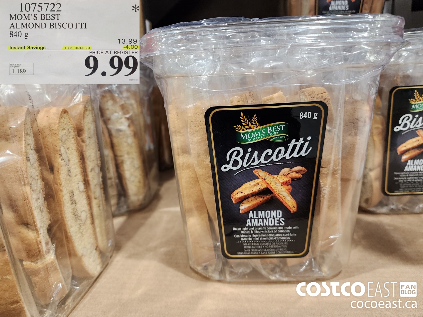 1075722 MOM'S BEST ALMOND BISCOTTI 840 G ($4.00 INSTANT SAVINGS EXPIRES ON 2024-01-31) $9.99
