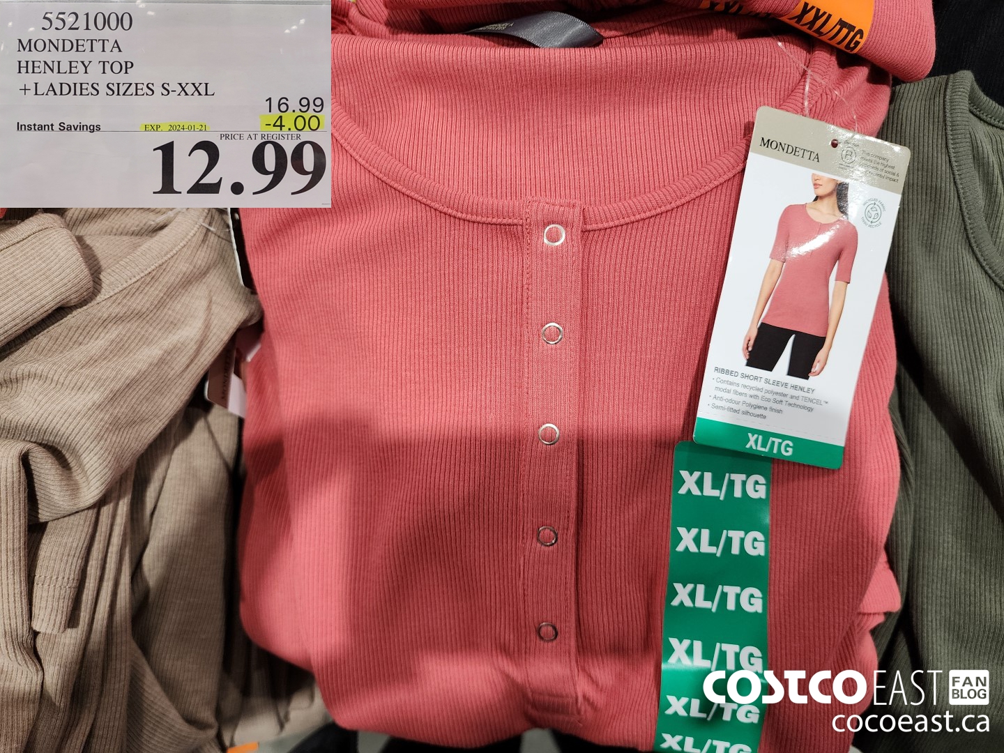 5521000 MONDETTA HENLEY TOP +LADIES SIZES S-XXL ($4.00 INSTANT SAVINGS EXPIRES ON 2024-01-21) $12.99