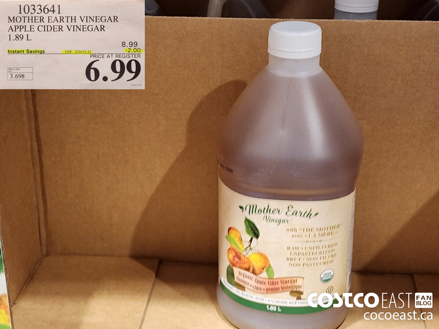 1033641 MOTHER EARTH VINEGAR APPLE CIDER VINEGAR 1.89 L ($2.00 INSTANT SAVINGS EXPIRES ON 2024-01-21) $6.99