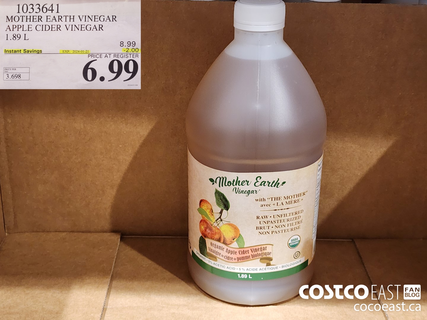 1033641 MOTHER EARTH VINEGAR APPLE CIDER VINEGAR 1.89 L ($2.00 INSTANT SAVINGS EXPIRES ON 2024-01-21) $6.99
