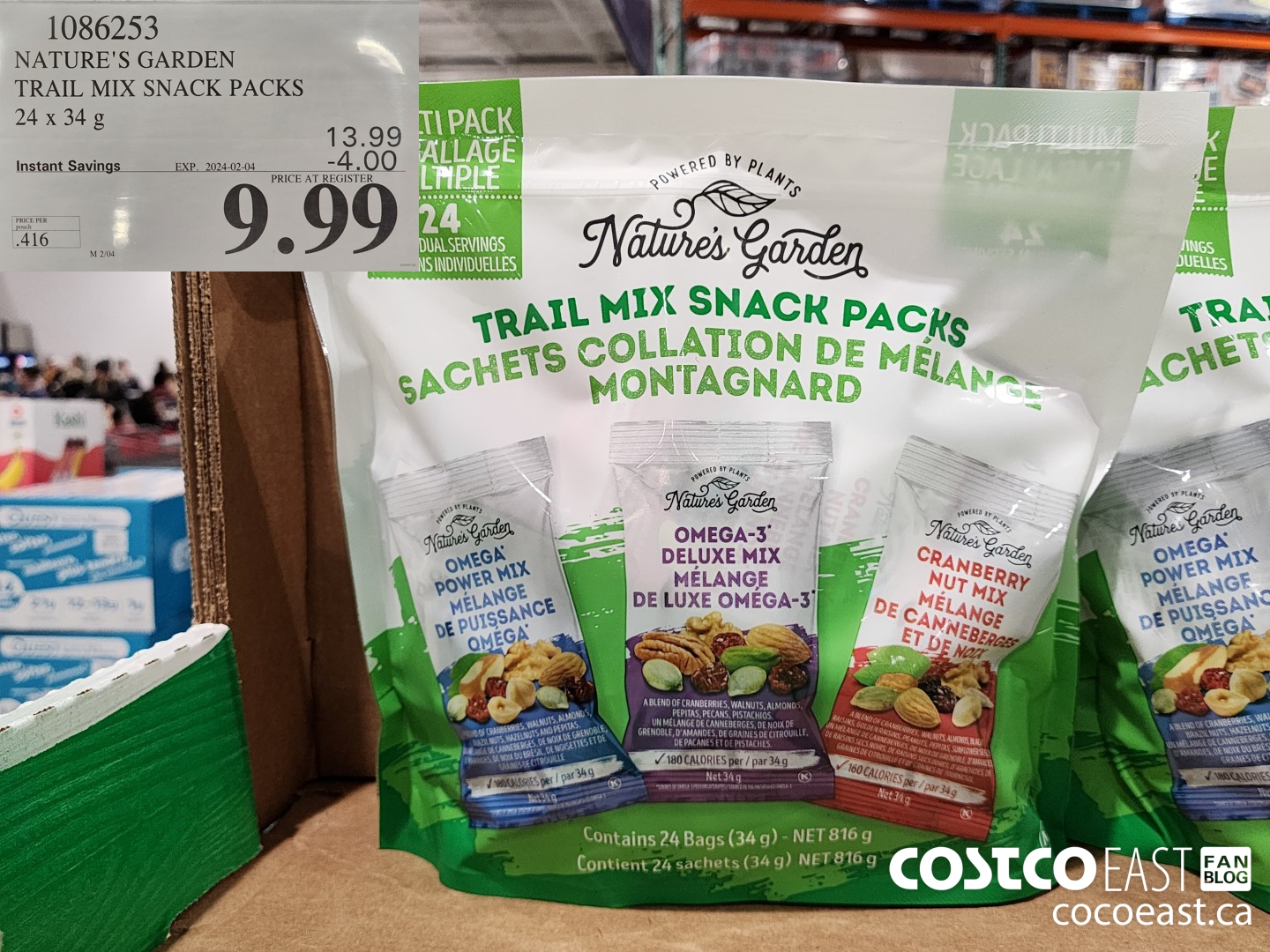 1086253 NATURE'S GARDEN TRAIL MIX SNACK PACKS 24 x 34 G ($4.00 INSTANT SAVINGS EXPIRES ON 2024-02-04) $9.99