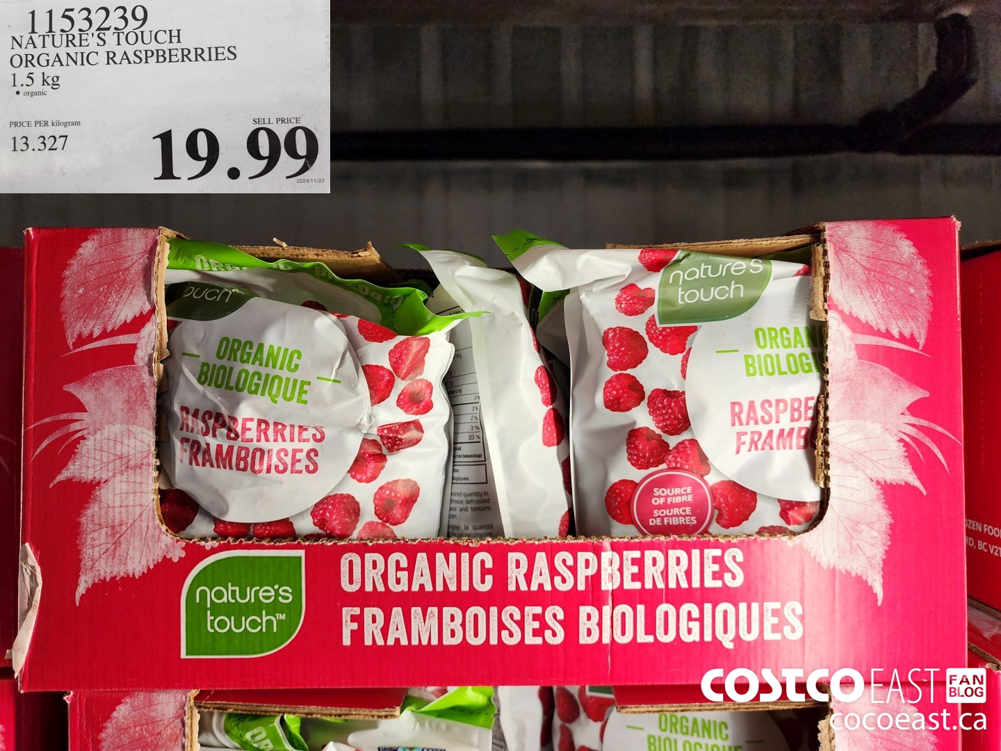 1153239 NATURE'S TOUCH ORGANIC RASPBERRIES 1.5 KG $19.99