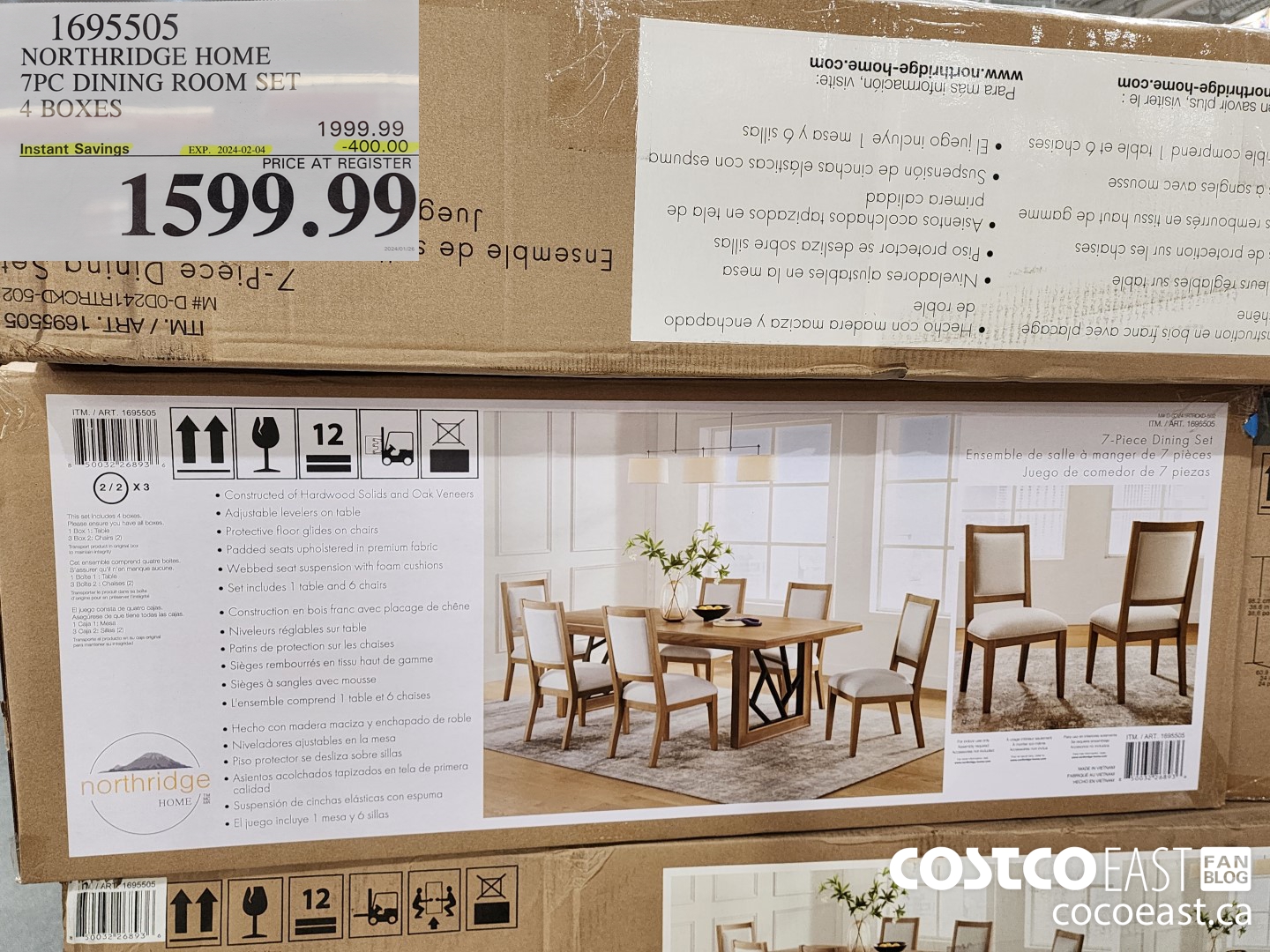 1695505 NORTHRIDGE HOME 7PC DINING ROOM SET 4 BOXES ($400.00 INSTANT SAVINGS EXPIRES ON 2024-02-04) $1599.69