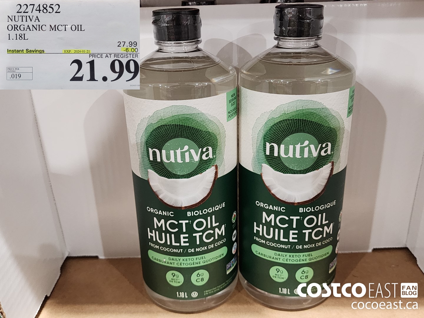 2274852 NUTIVA ORGANIC MCT OIL 1.18L ($6.00 INSTANT SAVINGS EXPIRES ON 2024-01-21) $21.99