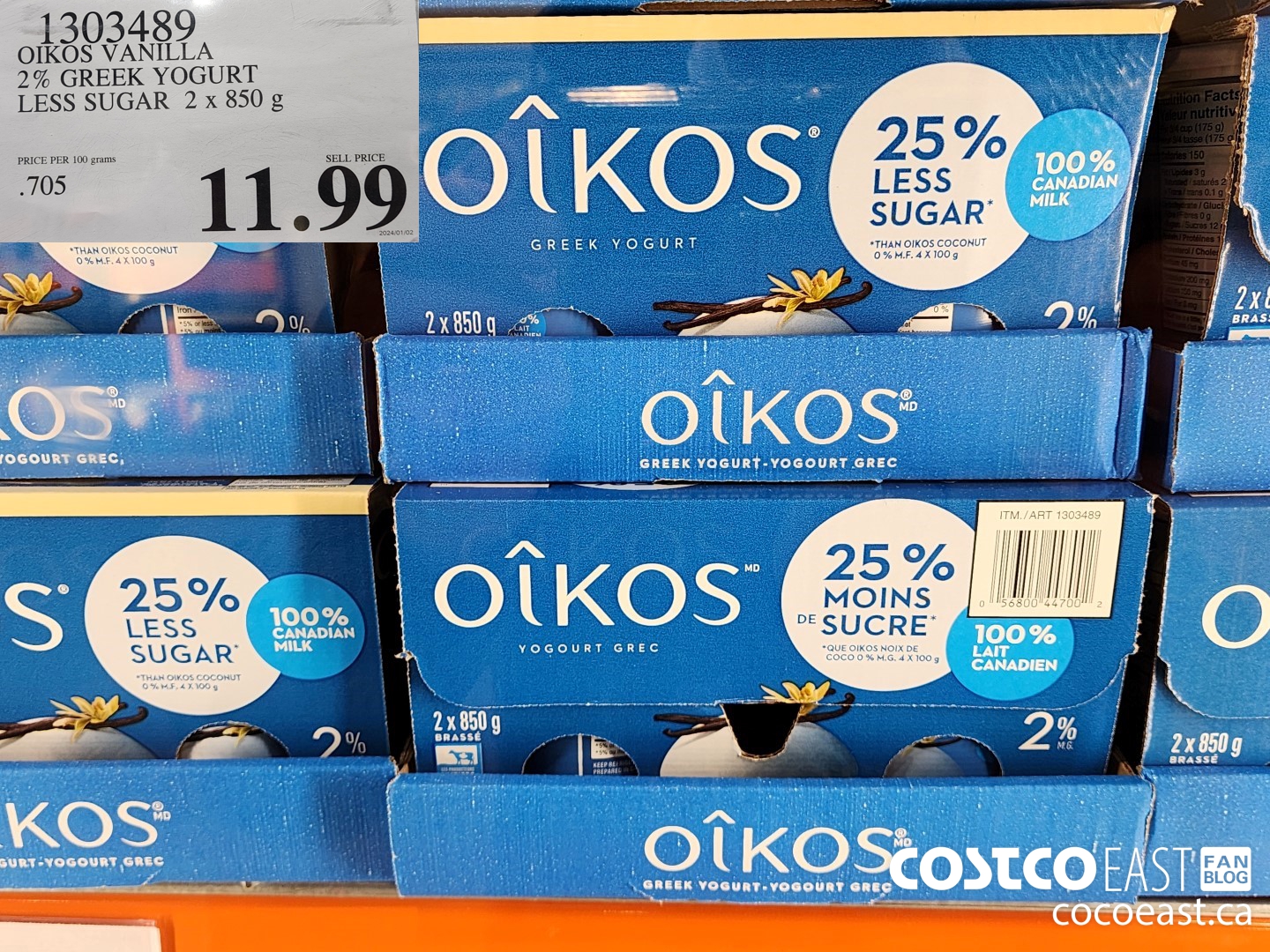 1303489 OIKOS VANILLA 2% GREEK YOGURT LESS SUGAR 2 x 850g $11.99