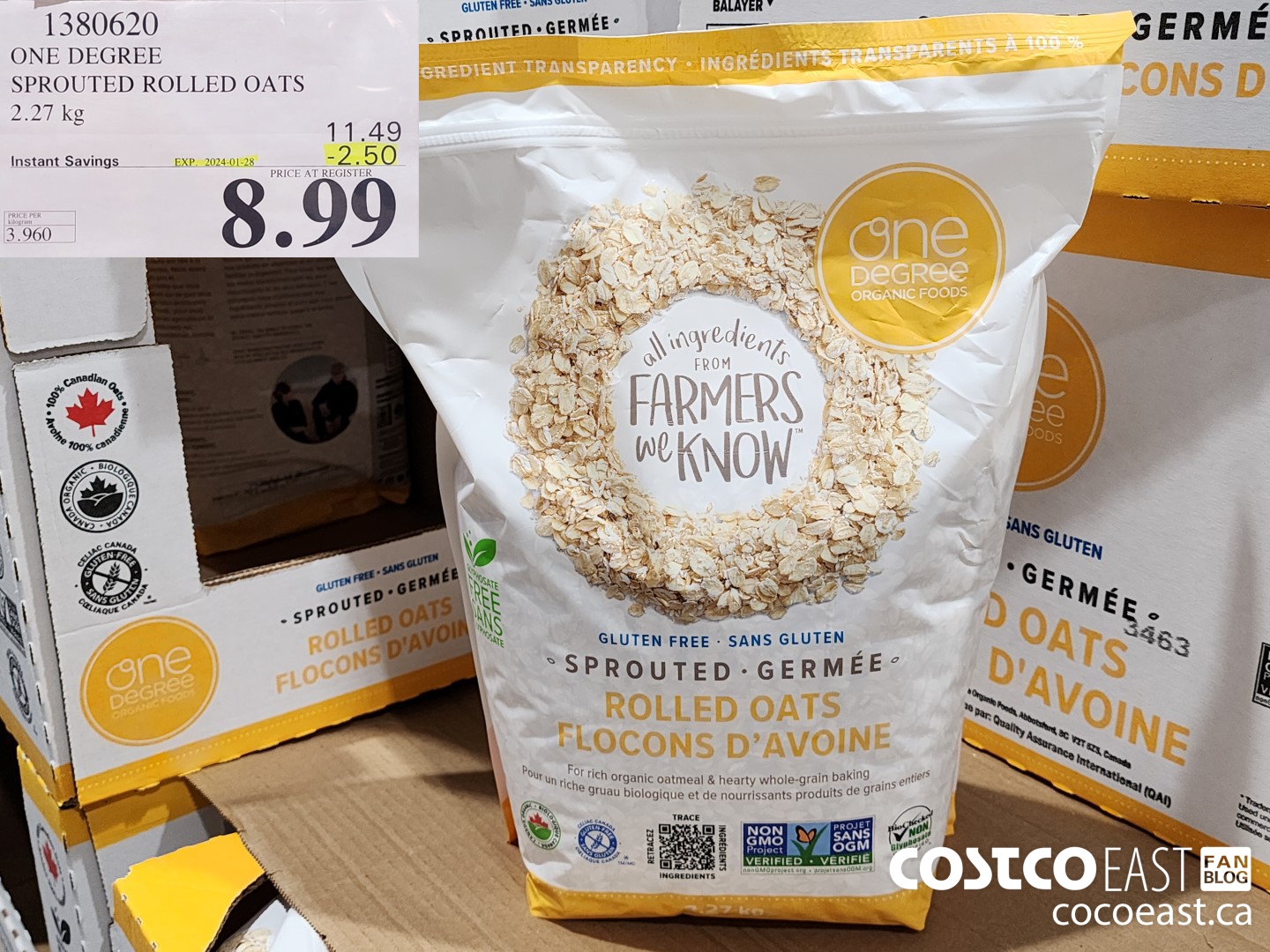 1380620 ONE DEGREE SPROUTED ROLLED OATS 2.27 KG ($2.50 INSTANT SAVINGS EXPIRES ON 2024-01-28) $8.99