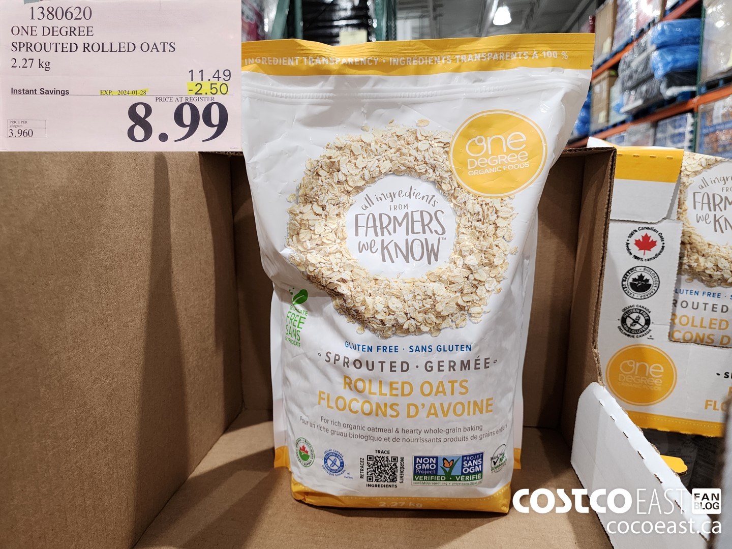 1380620 ONE DEGREE SPROUTED ROLLED OATS 2.27 KG ($2.50 INSTANT SAVINGS EXPIRES ON 2024-01-28) $8.99