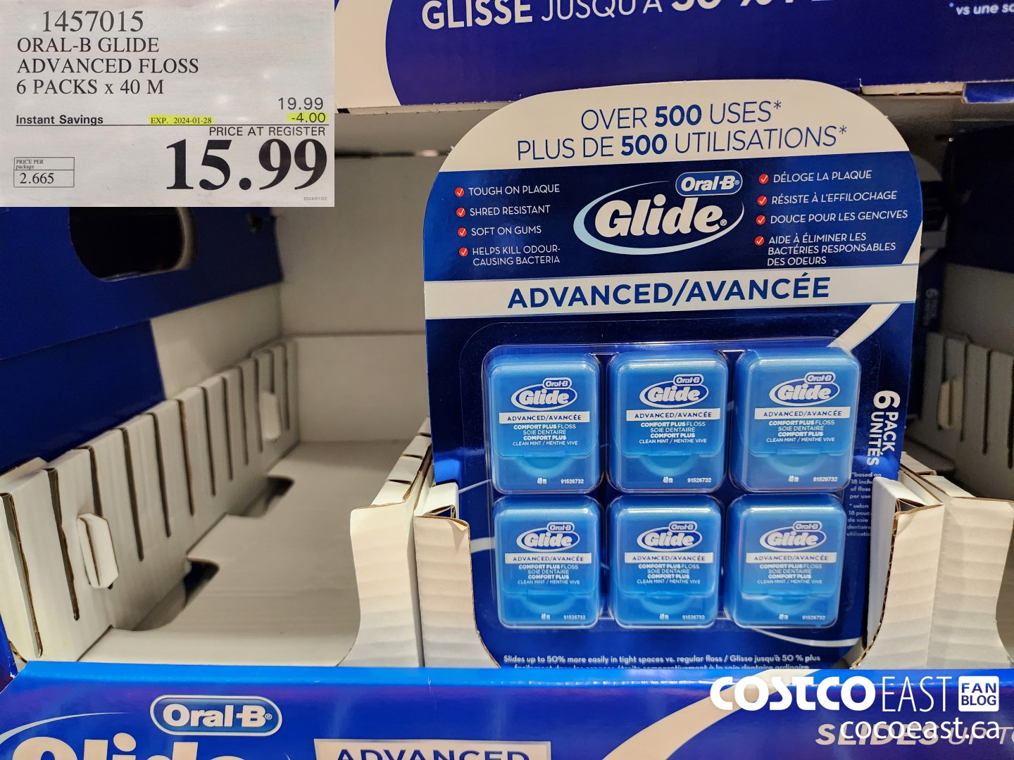 1457015 ORAL-B GLIDE ADVANCED FLOSS 6 PACKS X 40 M ($4.00 INSTANT SAVINGS EXPIRES ON 2024-01-28) $15.99