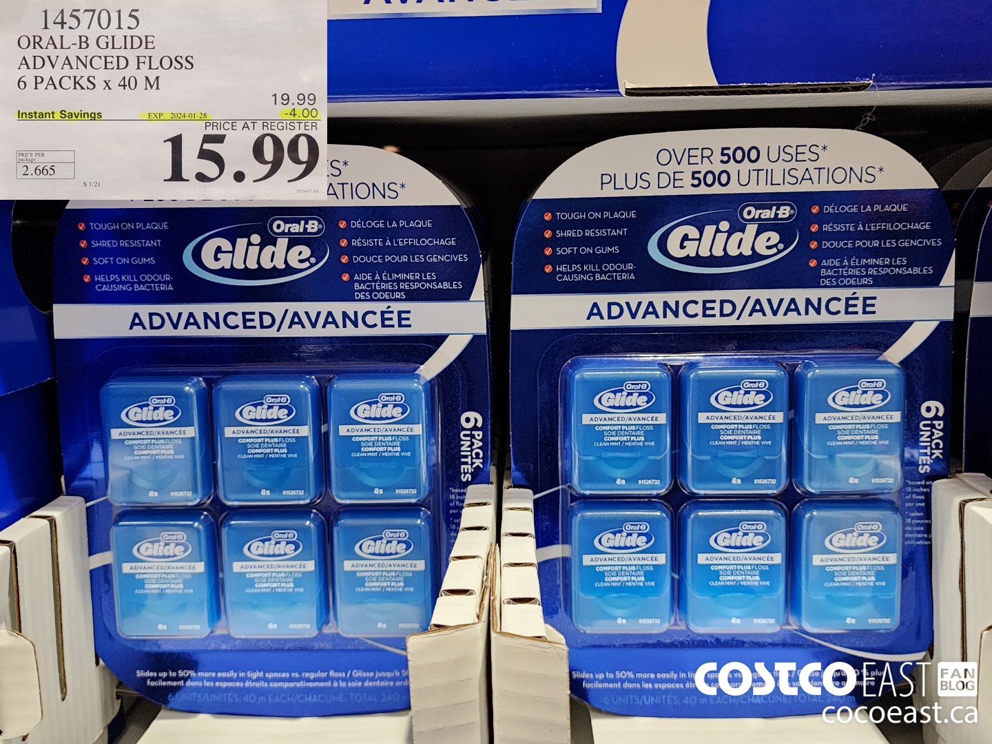1457015 ORAL-B GLIDE ADVANCED FLOSS 6 PACKS X 40 M ($4.00 INSTANT SAVINGS EXPIRES ON 2024-01-28) $15.99