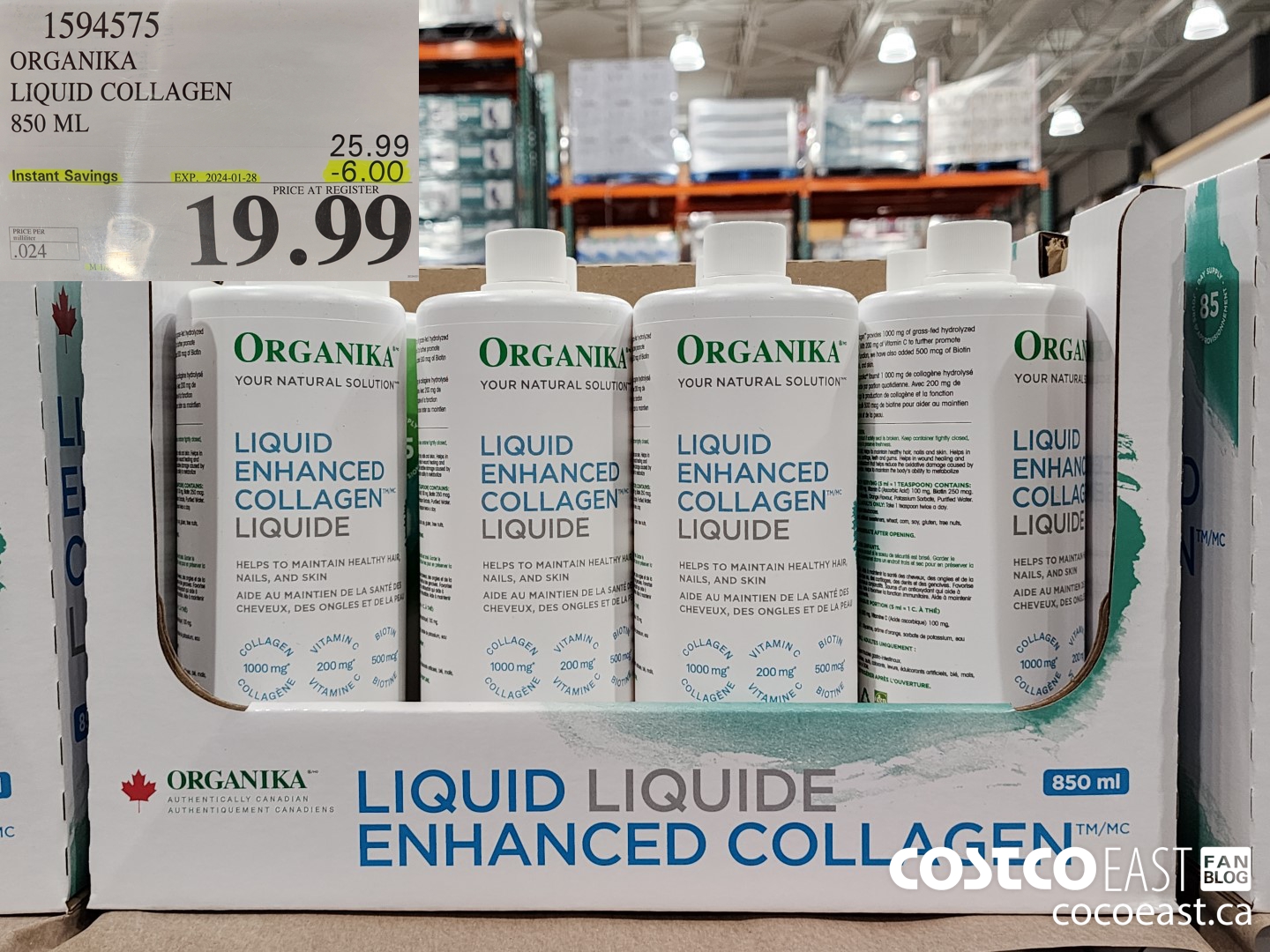 1594575 ORGANIKA LIQUID COLLAGEN 850 ML ($6.00 INSTANT SAVINGS EXPIRES ON 2024-01-28) $19.99