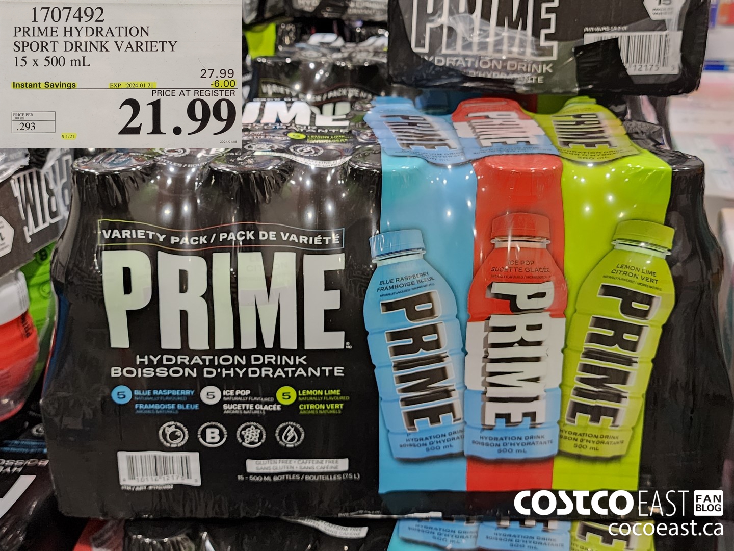 1707492 PRIME HYDRATION SPORT DRINK VARIETY 15 x 500 mL ($6.00 INSTANT SAVINGS EXPIRES ON 2024-01-21) $21.99