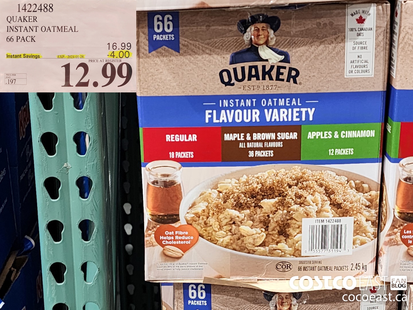1422488 QUAKER INSTANT OATMEAL 66 PACK ($4.00 INSTANT SAVINGS EXPIRES ON 2024-01-28) $12.99