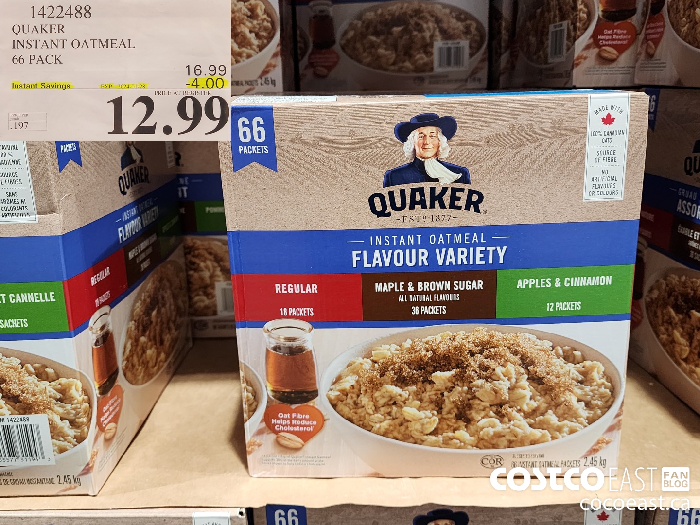 1422488 QUAKER INSTANT OATMEAL 66 PACK ($4.00 INSTANT SAVINGS EXPIRES ON 2024-01-28) $12.99