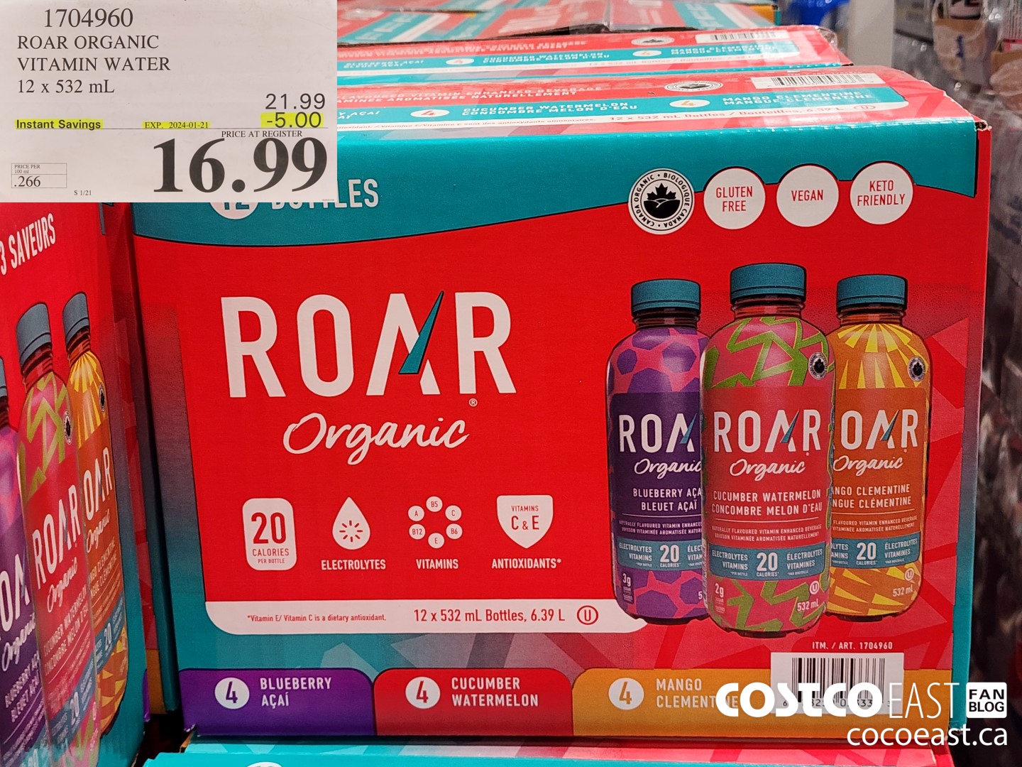 1704960 ROAR ORGANIC VARIETY WATER 12 X 532 ML ($5.00 INSTANT SAVINGS EXPIRES ON 2024-01-21) $16.99