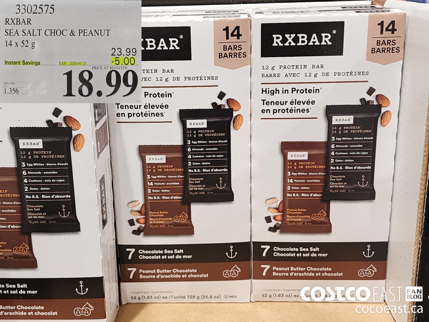 3302575 RXBAR SEA SALT CHOC & PEANUT 14 x 52g ($5.00 INSTANT SAVINGS EXPIRES ON 2024-01-21) $18.99