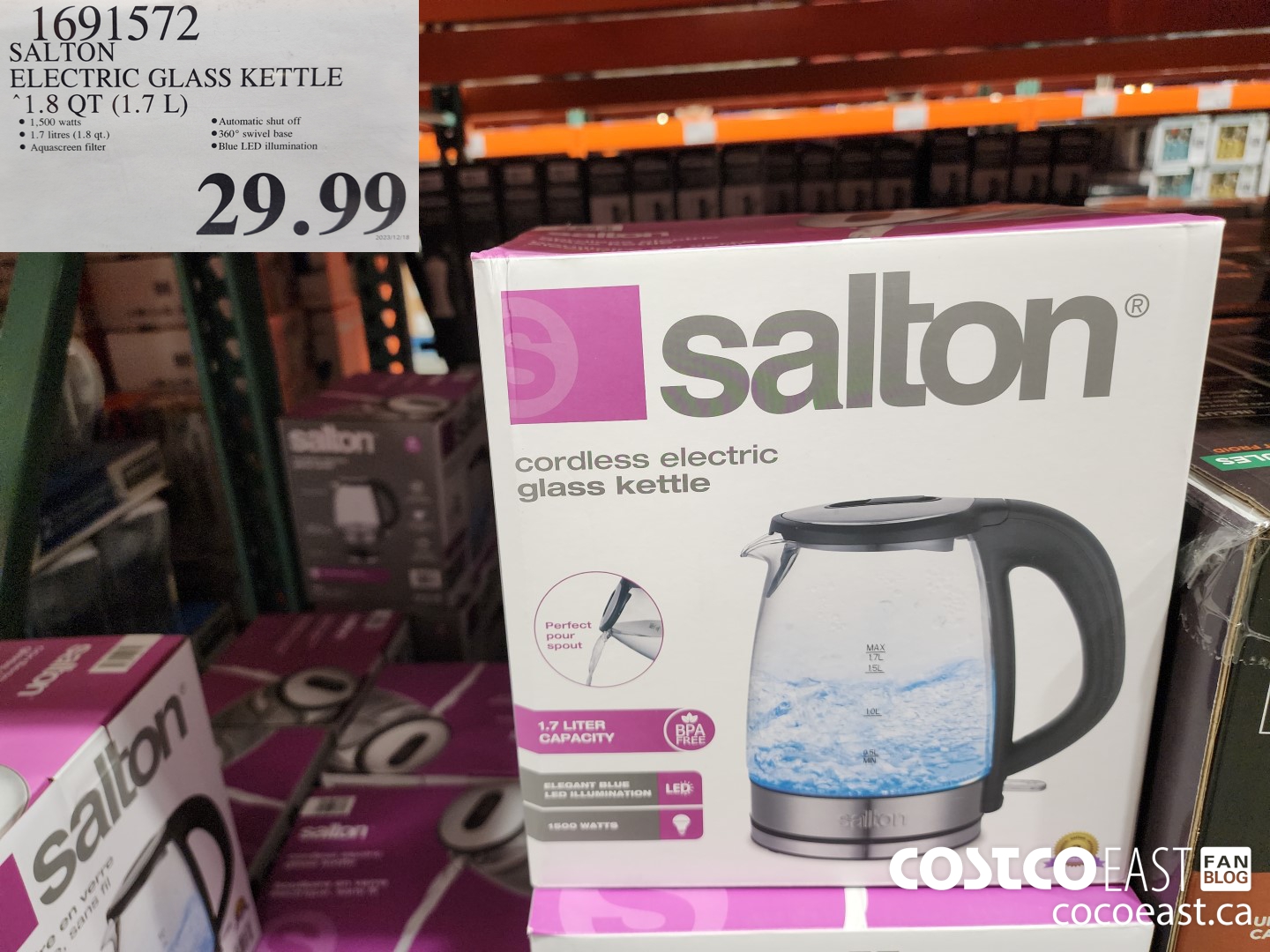 1691572 SALTON CORDLESS ELECTRIC GLASS KETTLE 1.7L (1.8QT) $29.99