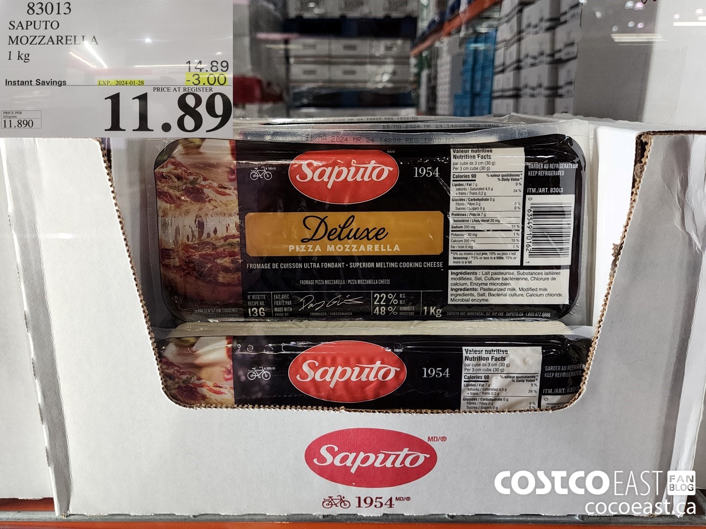 83013 SAPUTO MOZZARELLA 1 KG ($3.00 INSTANT SAVINGS EXPIRES ON 2024-01-28) $11.89