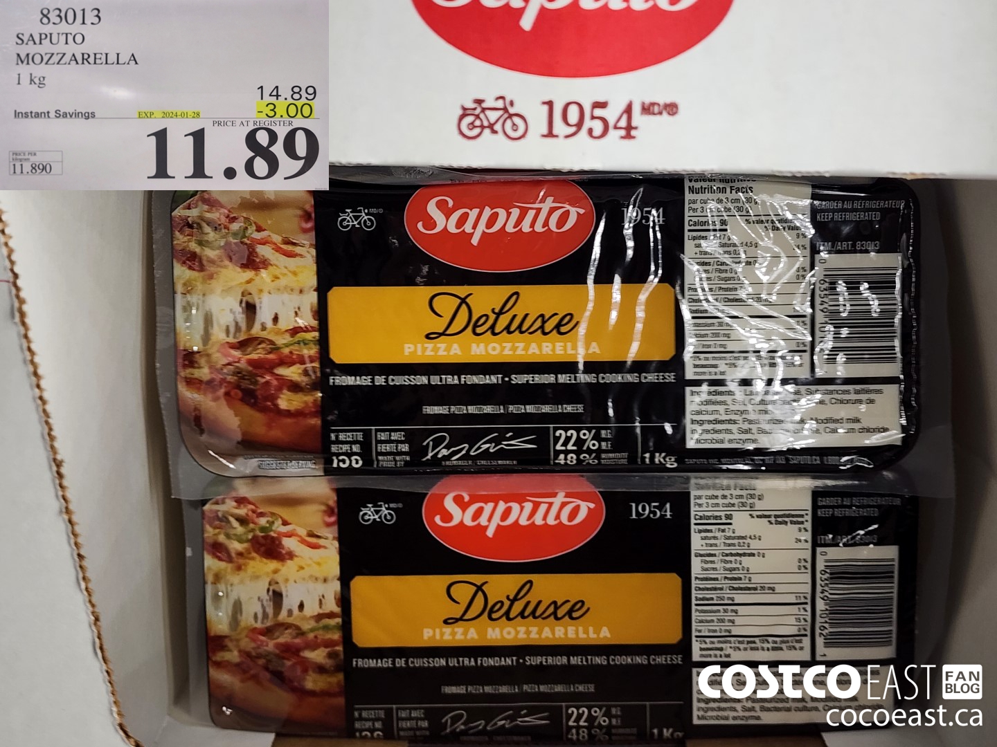 83013 SAPUTO MOZZARELLA 1 KG ($3.00 INSTANT SAVINGS EXPIRES ON 2024-01-28) $11.89