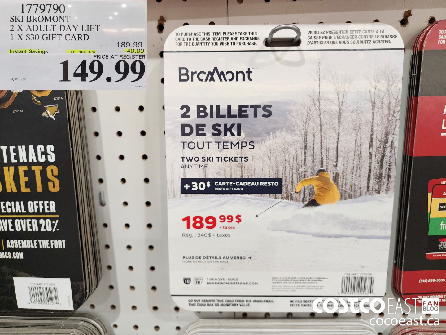 1779790 SKI BROMONT 2 x ADULT DAY LIFT 1 X $30 GIFT CARD ($40.00 INSTANT SAVINGS EXPIRES ON 2024-01-28) $149.99