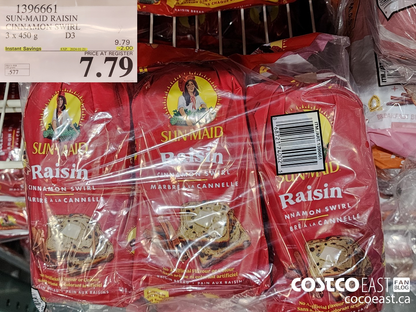 1396661 SUN-MAID RAISIN CINNAMON SWIRL 3 x 450 g ($2.00 INSTANT SAVINGS EXPIRES ON 2024-01-21) $7.79