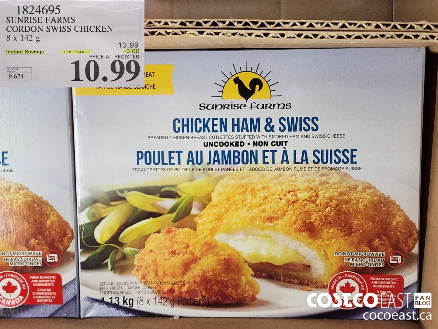 1824695 SUNRISE FARMS CORDON SWISS CHICKEN 8 X 142 G ($3.00 INSTANT SAVINGS EXPIRES ON 2024-01-28) $10.99