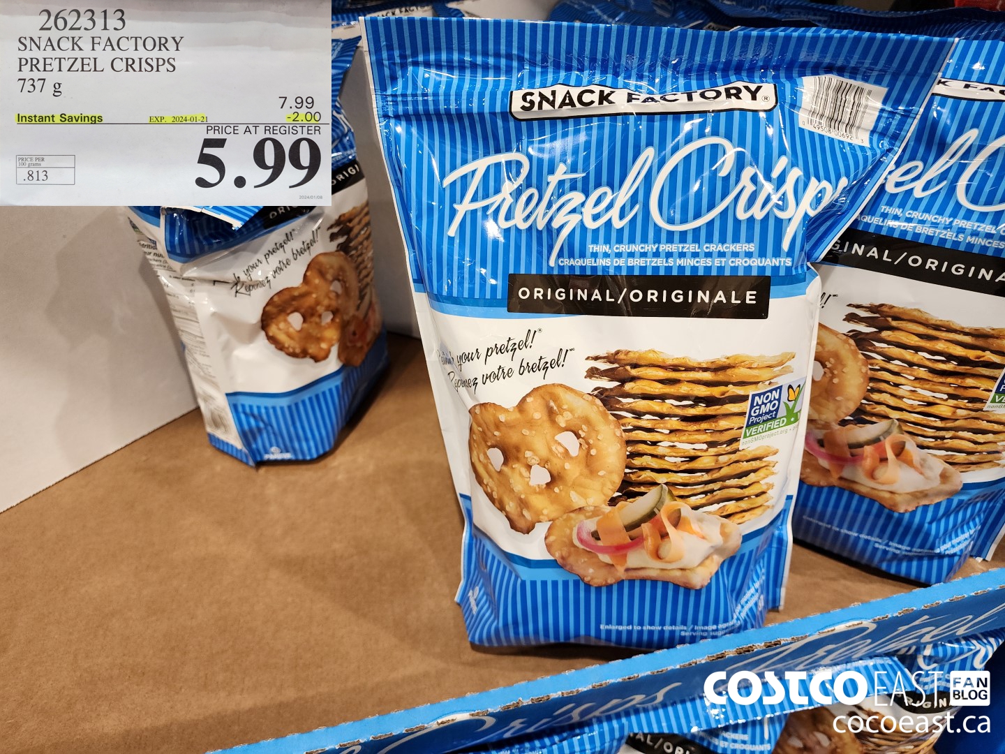 262313 THE SNACK FACTORY PRETZEL CRISPS 737 G ($2.00 INSTANT SAVINGS EXPIRES ON 2024-01-21) $5.99