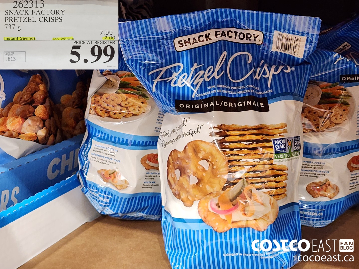 262313 THE SNACK FACTORY PRETZEL CRISPS 737 G ($2.00 INSTANT SAVINGS EXPIRES ON 2024-01-21) $5.99