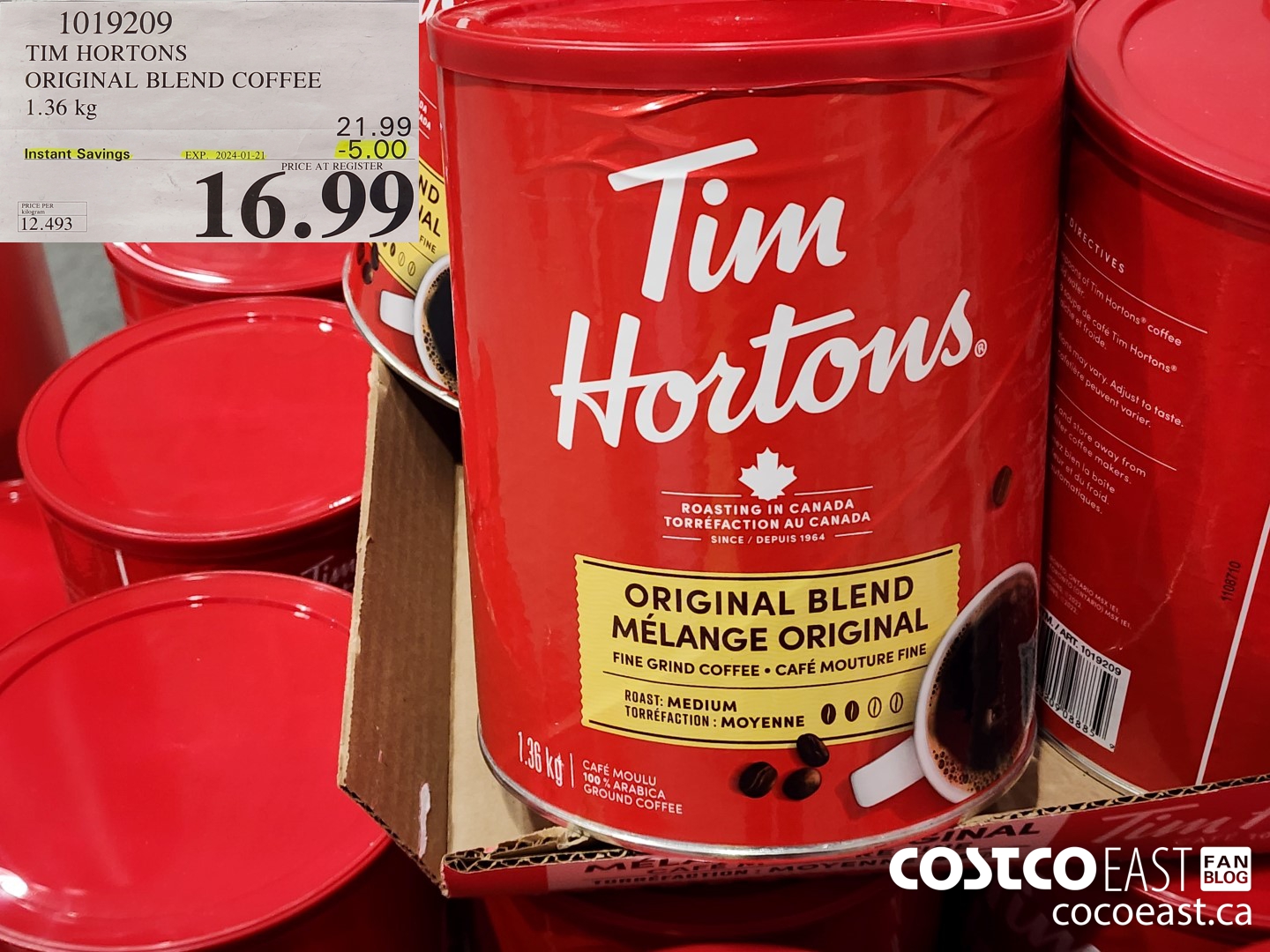 1019209 TIM HORTONS ORIGINAL BLEND COFFEE 1.36 KG ($5.00 INSTANT SAVINGS EXPIRES ON 2024-01-21) $16.99