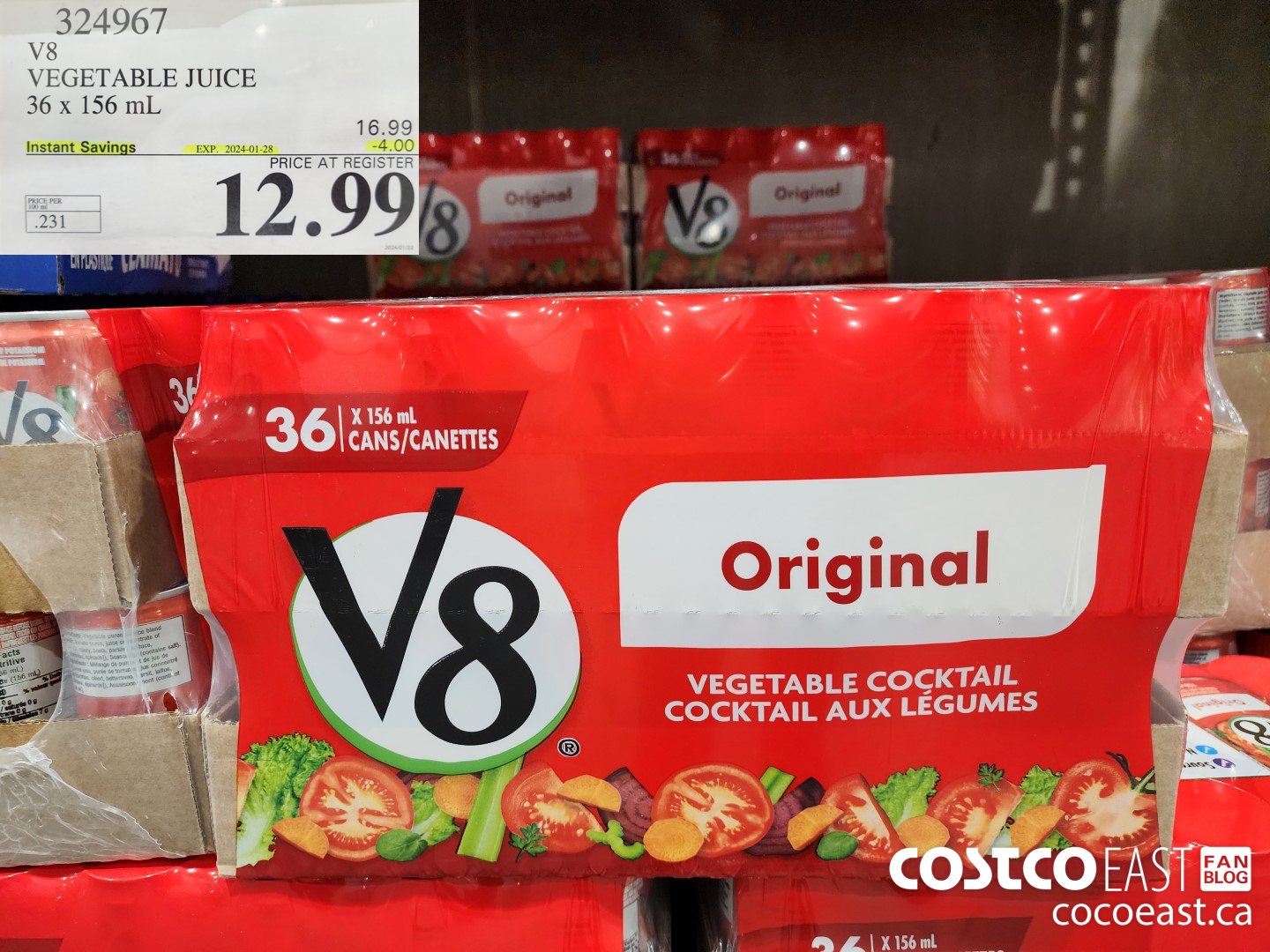 324967 V8 VEGETABLE JUICE 36 x 156 mL ($4.00 INSTANT SAVINGS EXPIRES ON 2024-01-28) $12.99