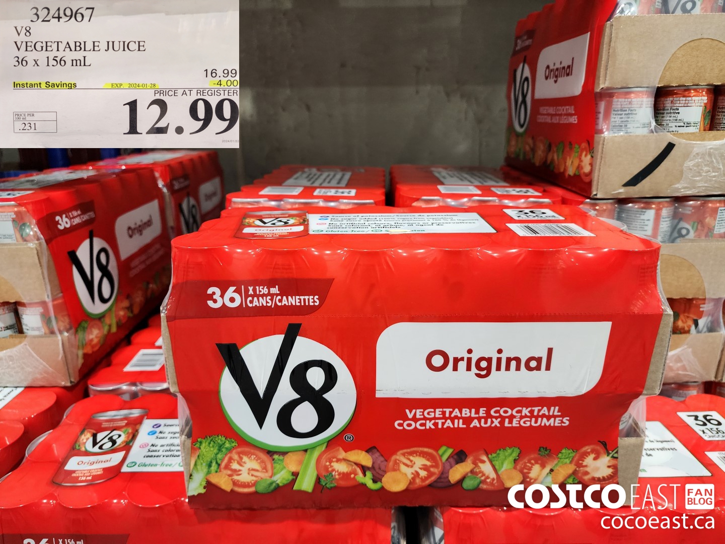 324967 V8 VEGETABLE JUICE 36 x 156 mL ($4.00 INSTANT SAVINGS EXPIRES ON 2024-01-28) $12.99