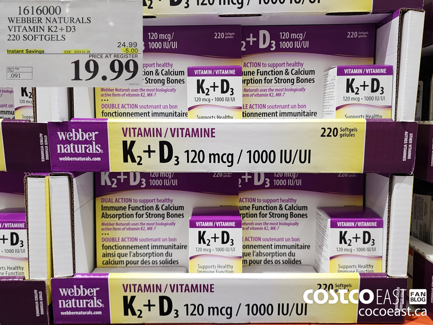 1616000 WEBBER NATURALS VITAMIN K2+D3 220 SOFTGELS ($5.00 INSTANT SAVINGS EXPIRES ON 2024-01-28) $19.99